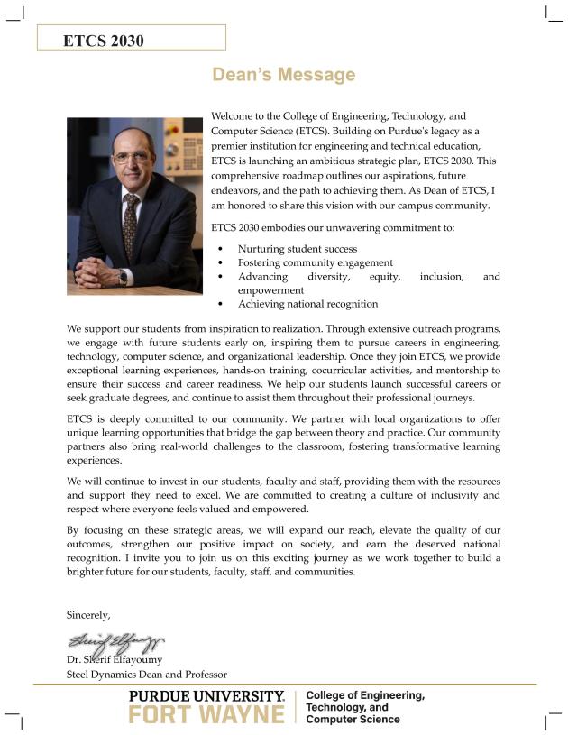 ETCS Deans Message