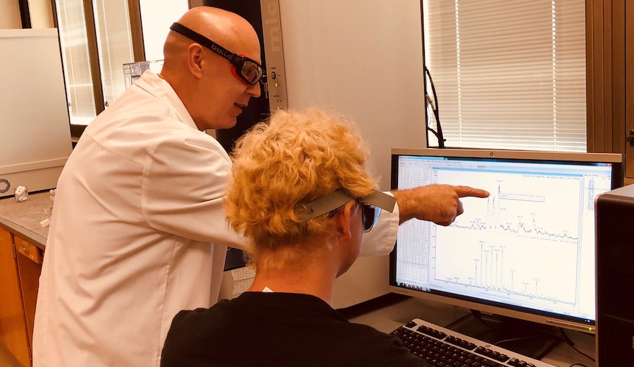 Professor showing student graphs on computer