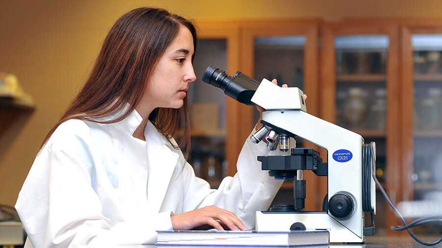 Student using a microscope