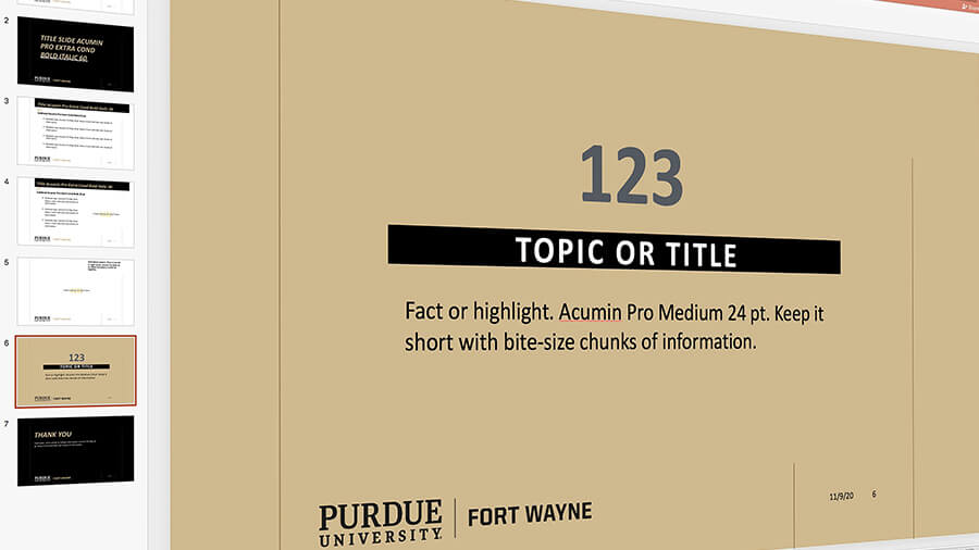 Screenshot of font information from the new Purdue Fort Wayne brand book.