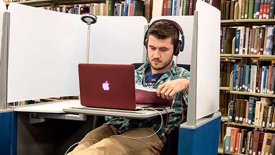 A student reads in one of the Library's quiet area cubbies.