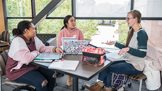 Three students sit at a table by a window with studying materials before them.