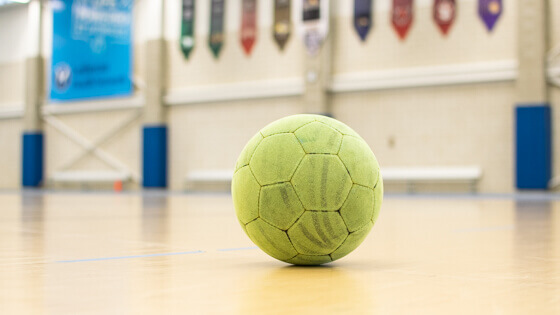 Soceer ball sitting on the court floor
