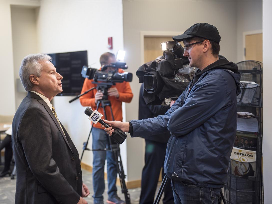 Chancellor Elsenbaumer Interviewed by TV Reporter