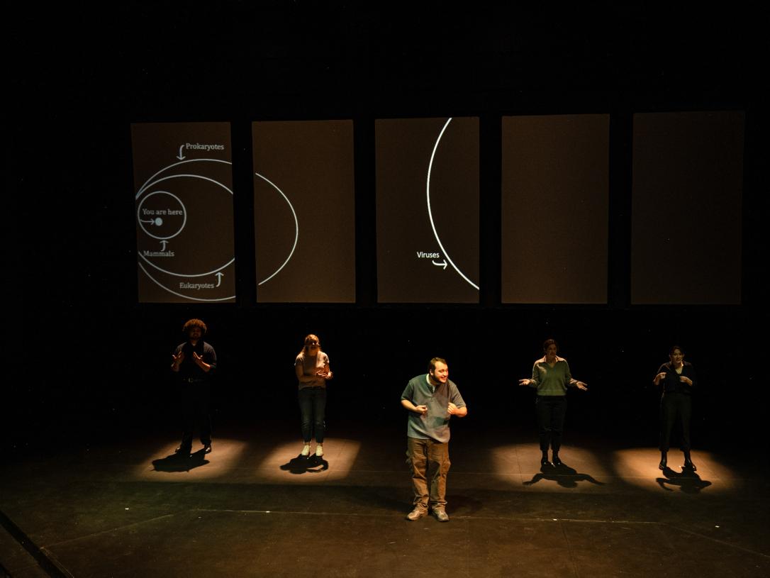 Actors on stage in front of video board diagram depicting where viruses exist in relation to other life forms. There is one actor in front speaking, with four behind him in spotlights.