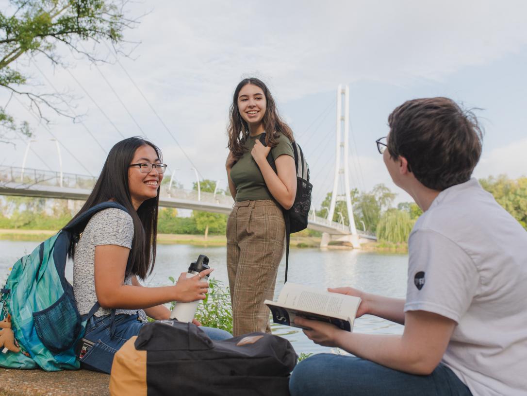 Students studying together outdoors.