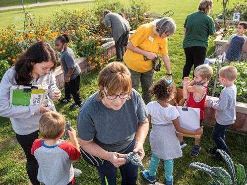 kindergarteners and School of Education students and faculty explore in Purdue Fort Wayne's on-campus urban garden