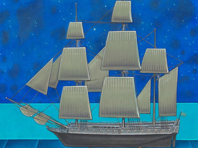 Night Crossing, a painting of a model ship under a night sky