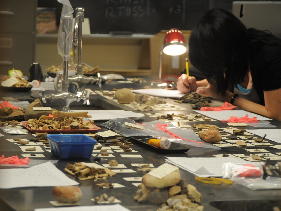 Student examining stones