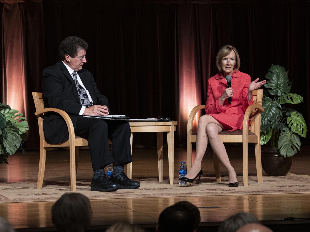 PBS Fort Wayne General Manager Bruce Haines moderates a conversation on stage with trailblazing journalist Judy Woodruff at Purdue Fort Wayne on Sept. 14
