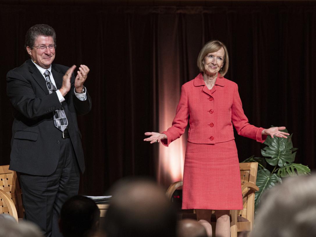 Members of the audience led by PBS Fort Wayne General Manager Bruce Haines deliver a warm greeting to Judy Woodruff during her lecture at Purdue Fort Wayne on Sept. 14.