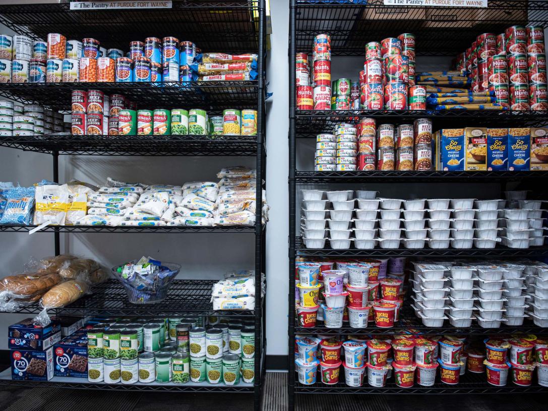 Shelves of food at the FRIENDS of the University Pantry at Purdue Fort Wayne