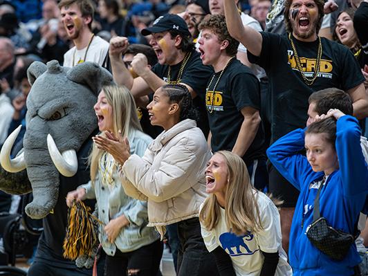 student fans are cheering at a basketball game