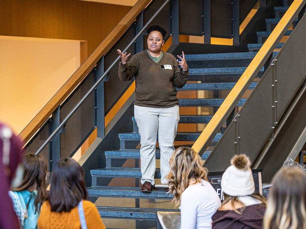 Paula Ashe speaks to students at a Multicultural Mixer event in Walb Union.