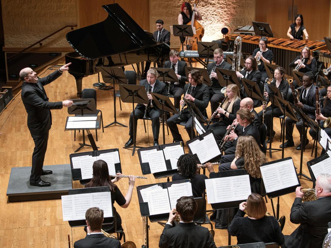 The PFW Symphonic Wind Ensemble is onstage in Auer Performance Hall.