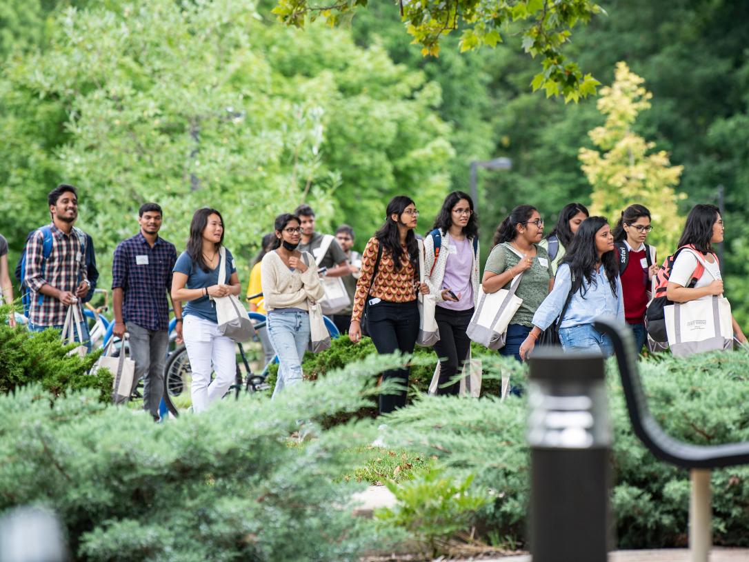 International students on an orientation walk around campus.