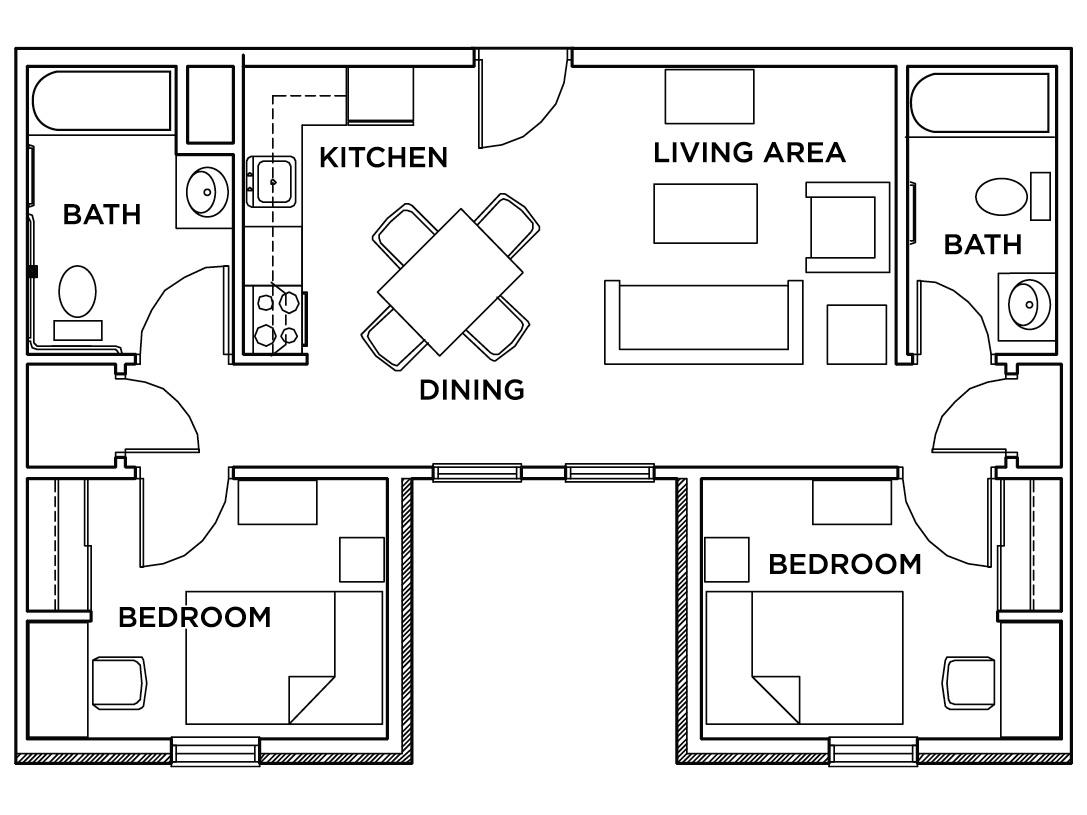 2 bedroom 2 bath standard floor plan.