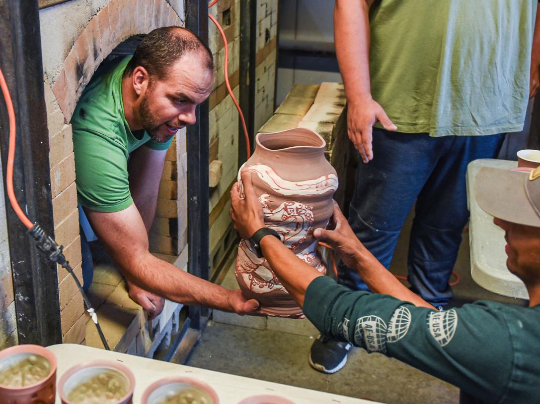 Loading the train kiln.