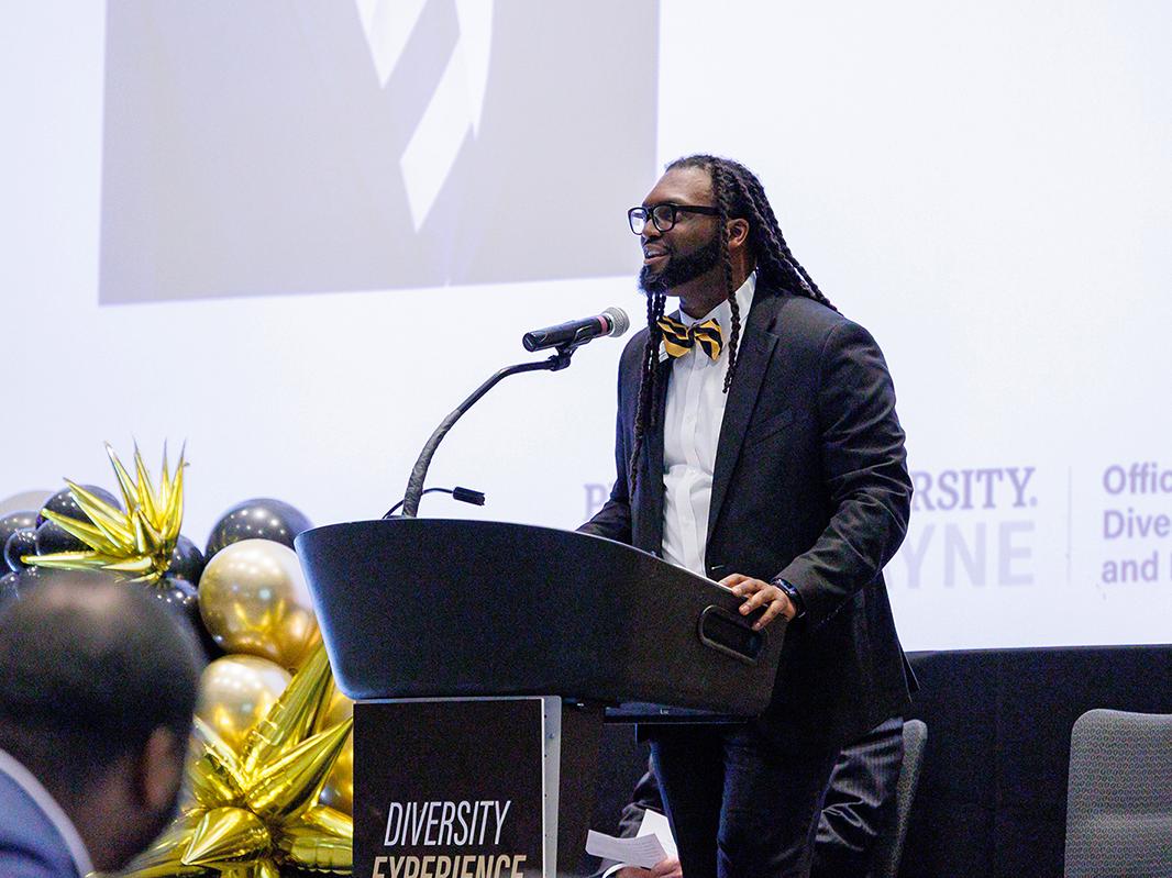 MarTeze Hammonds, PFW's chief diversity officer, is addressing an audience.