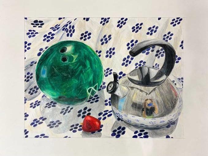 Artwork featuring a tea kettle and bowling ball