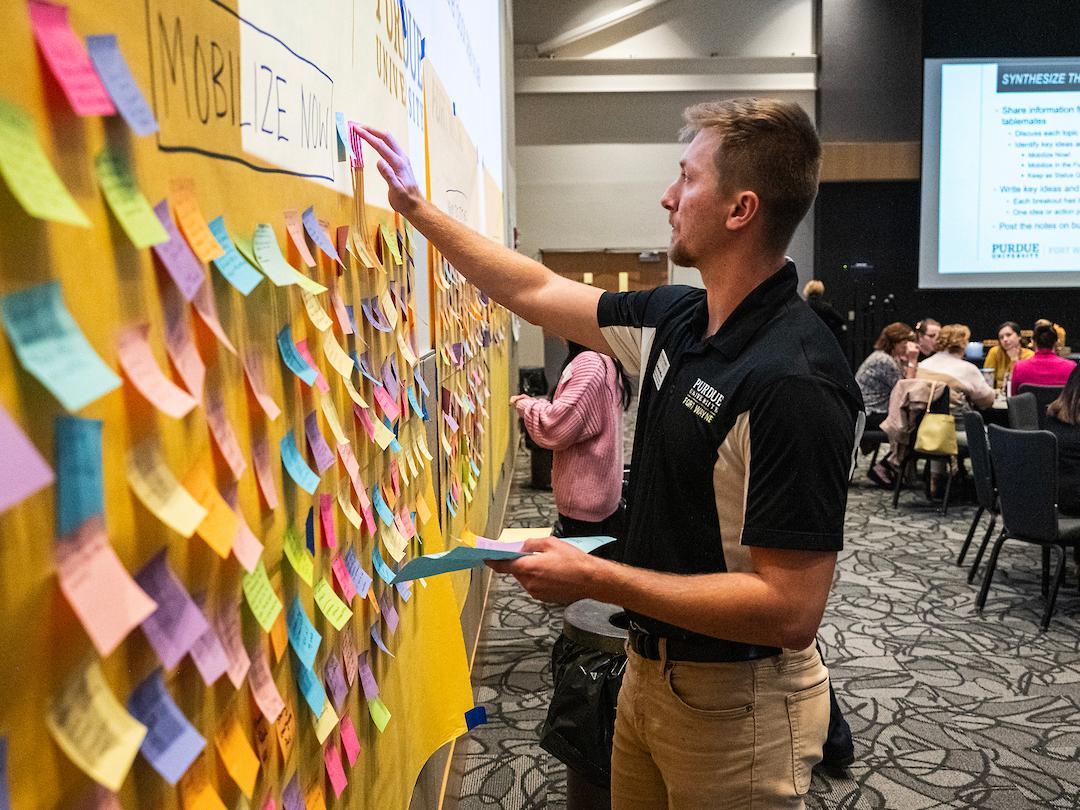 Person putting sticky notes onto wall