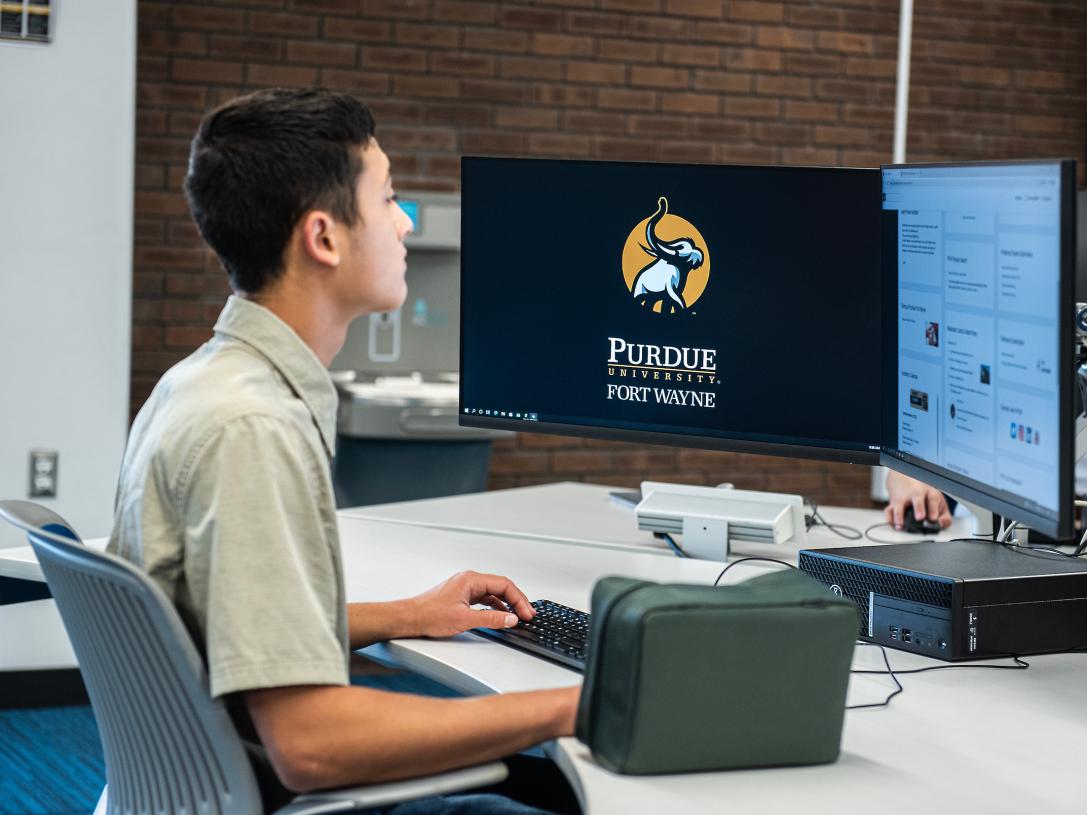 Student working at a computer in Helmke Library.
