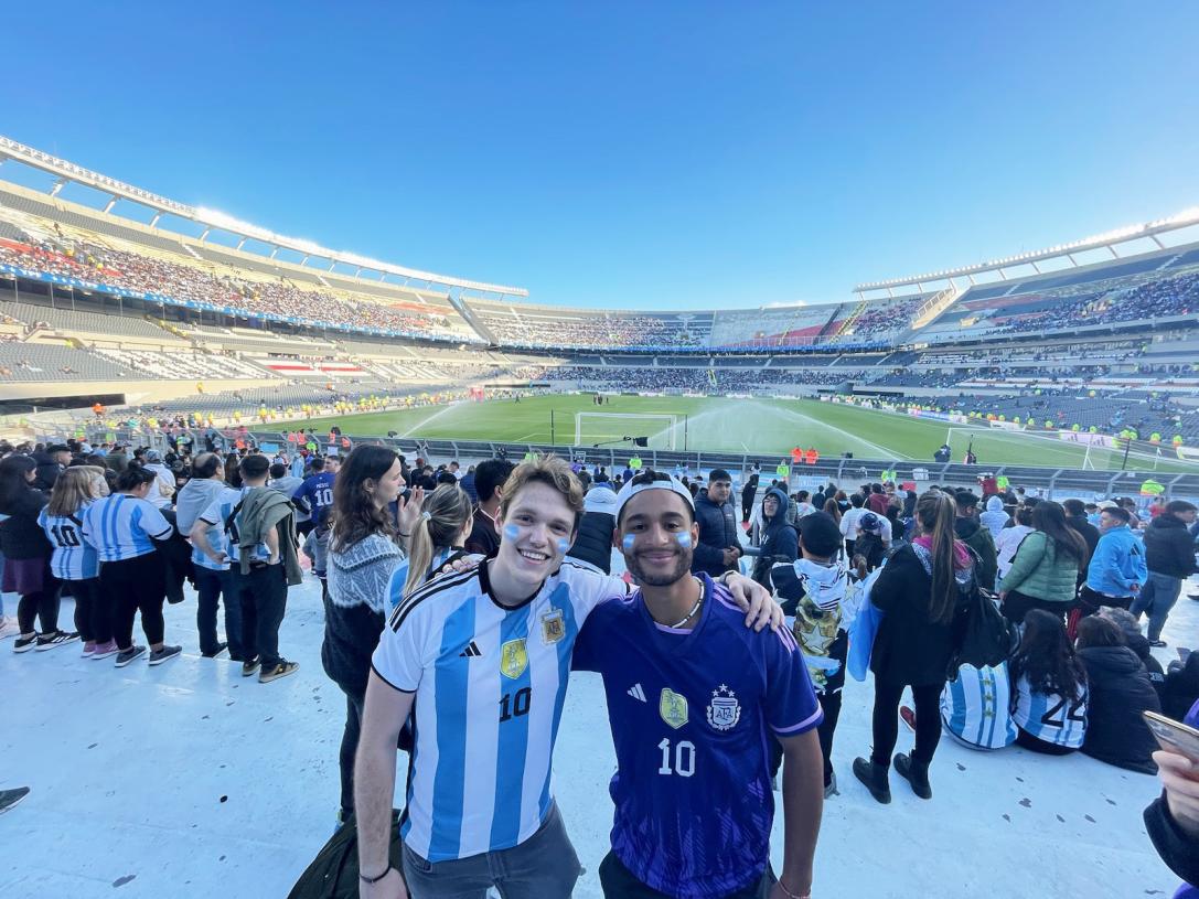 PFW senior Bobby Way (left) with his friend Tyell Gustavson from Utah State during the 2023 fall semester visiting River Plate Stadium in Buenos Aires, Argentina.
