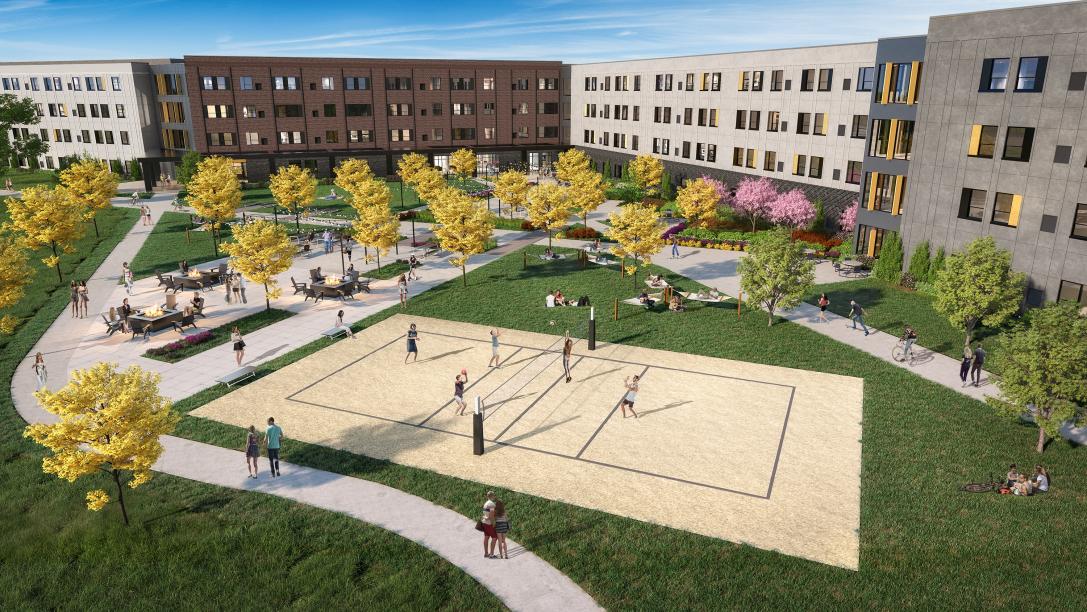 A rendering of the activities area, including the sand volleyball court.