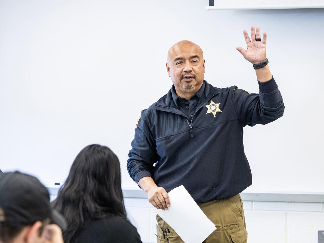 Police officer leading class