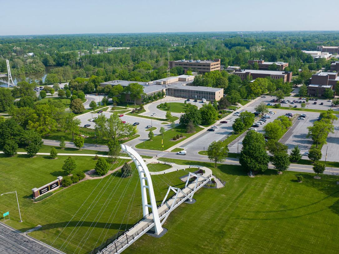 Aerial view of PFW campus near the Venderly Bridge.