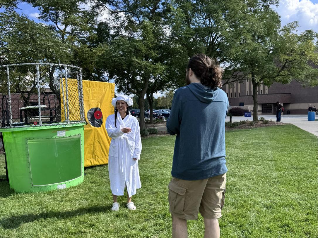 Suin Roberts prepares to go into the dunk tank