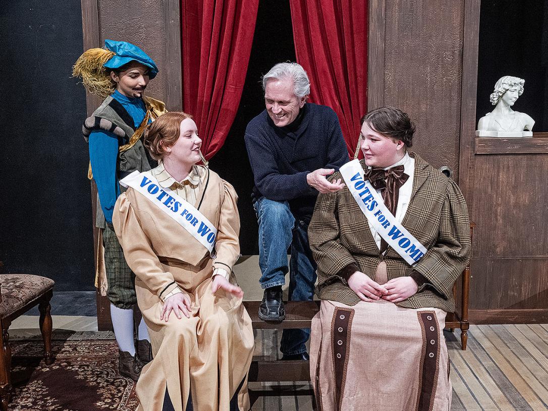 John O'Connell is interacting with cast members at a rehearsal