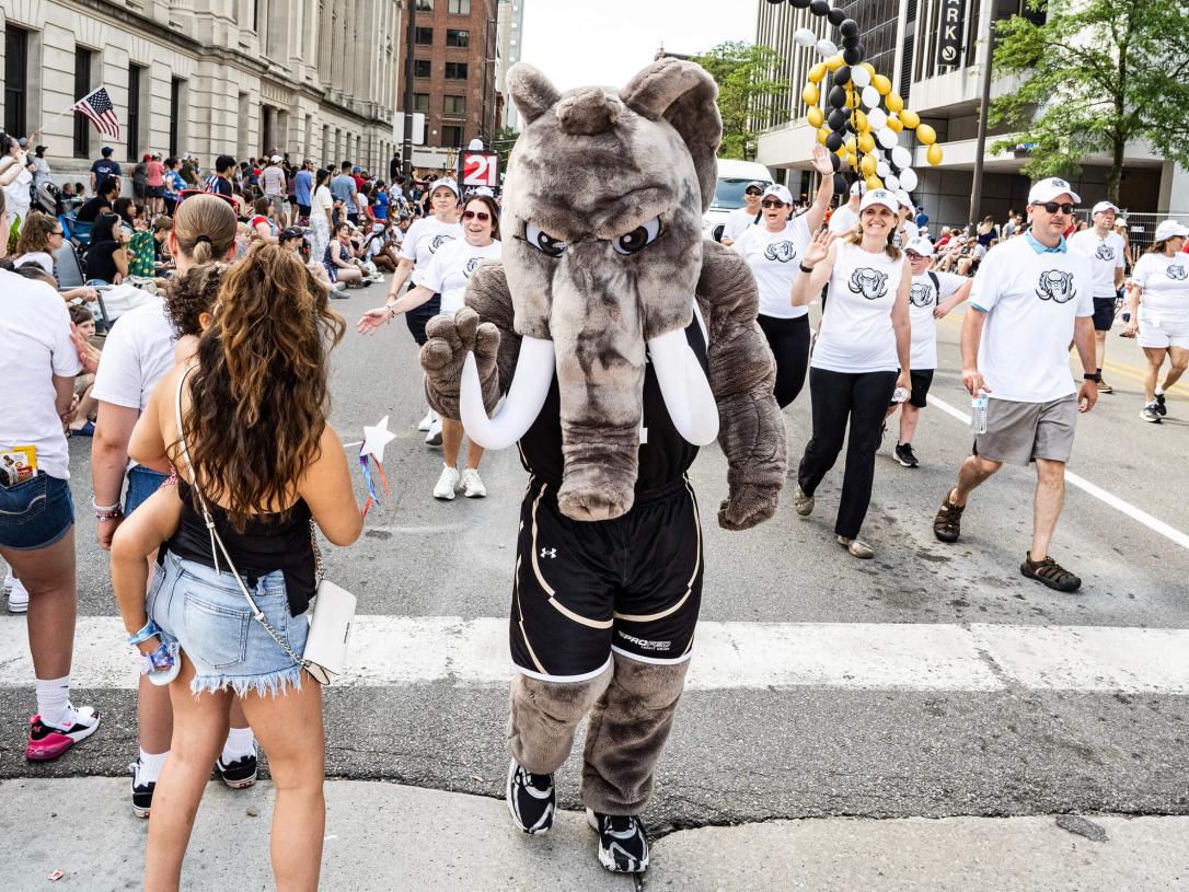 Don the mastodon is in front of PFW's parade unit