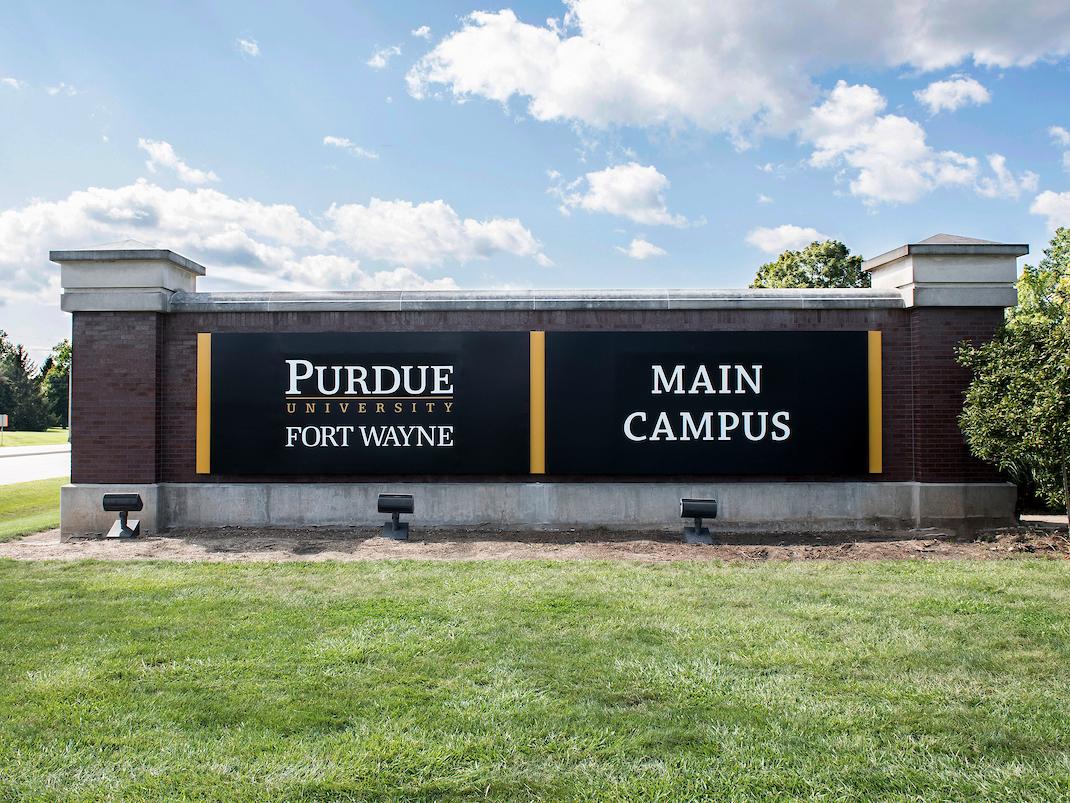 PFW sign main on campus