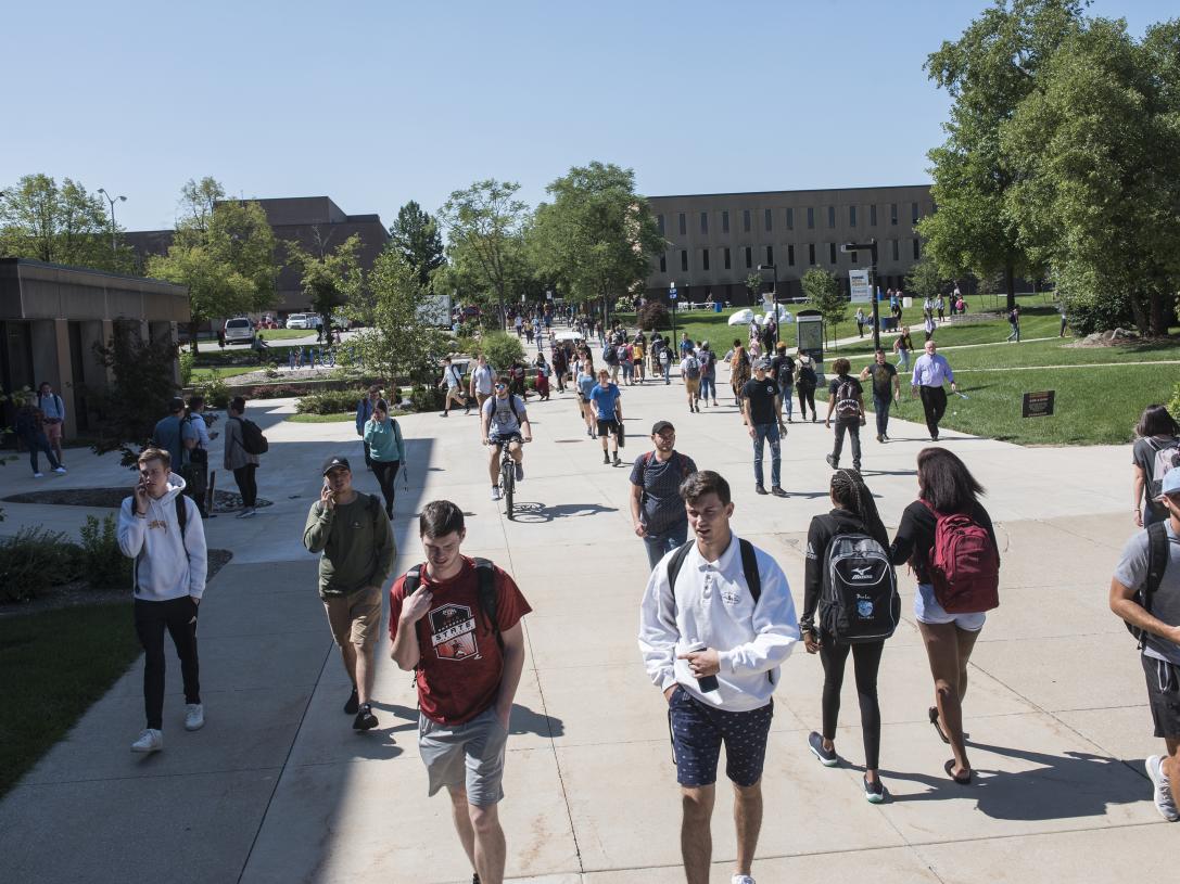 Students walking across campus.