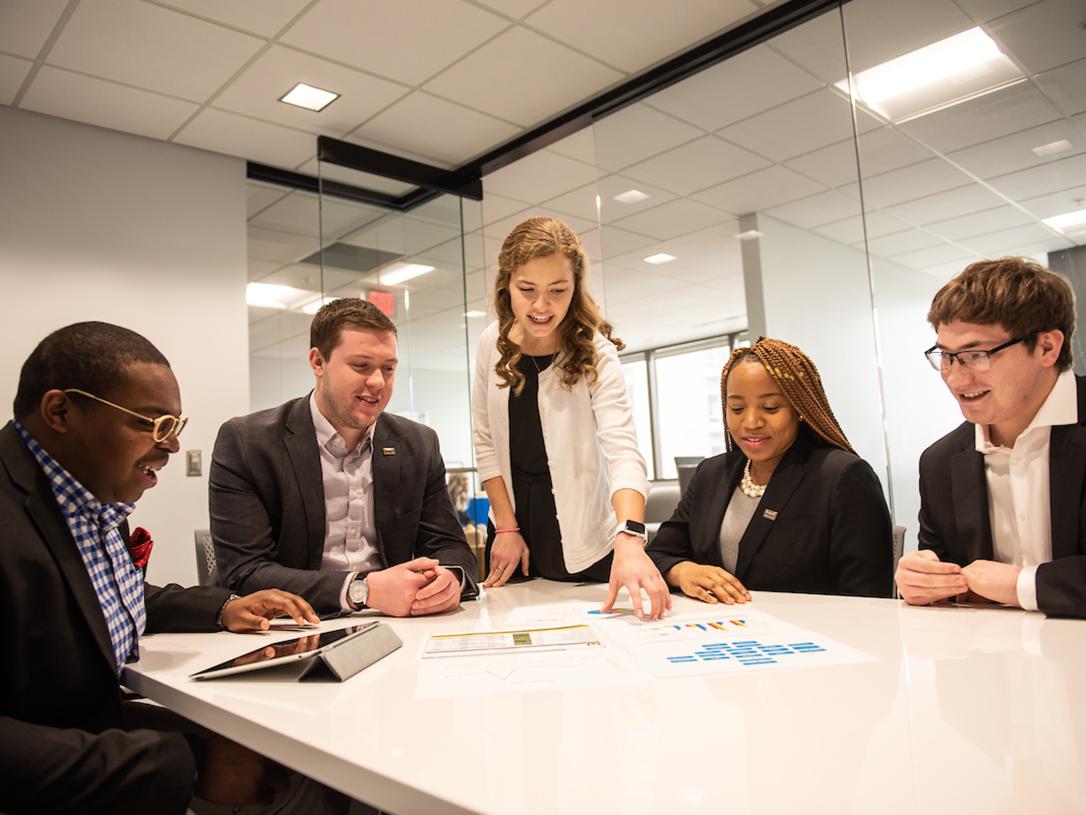 Student working at her internship.