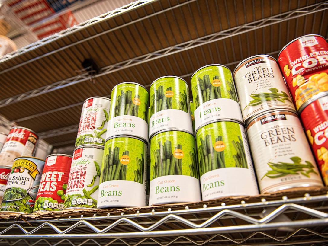 Close up photo of food pantry's stocked shelves.