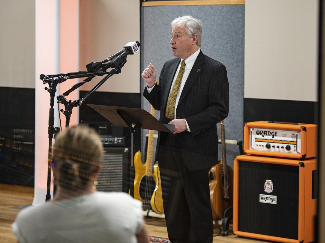 Chancellor Ron Elsenbaumer makes remarks during the news conference.
