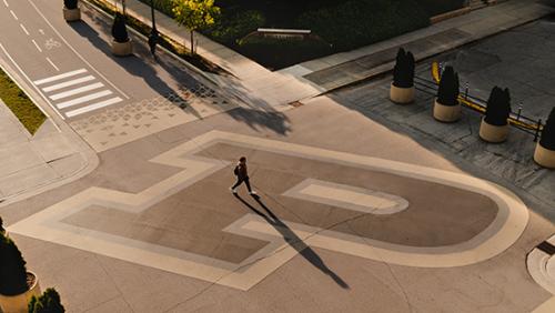Person walking across sidewalk decorated with Purdue logo