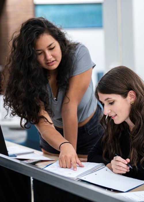 Two female students studying in the library