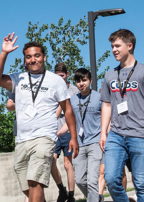 Students walking across campus during New Student Orientation.