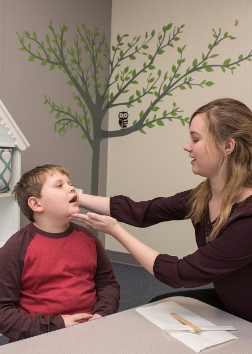 Speech language pathologist working with patient