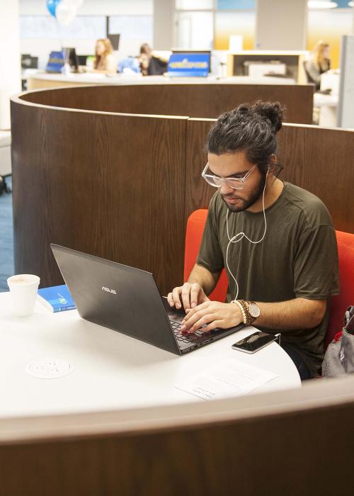 Student studying his class assignments on his laptop in the Helmke Library.