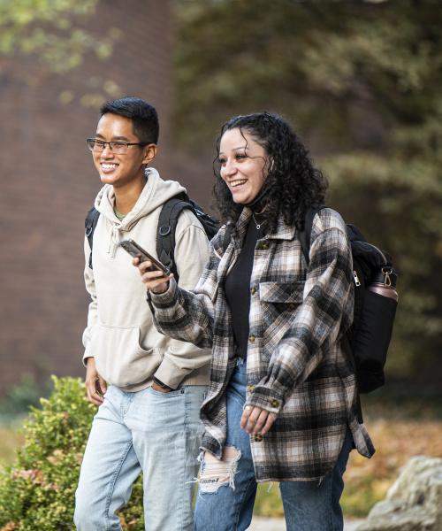 Students walk to class together in the fall.