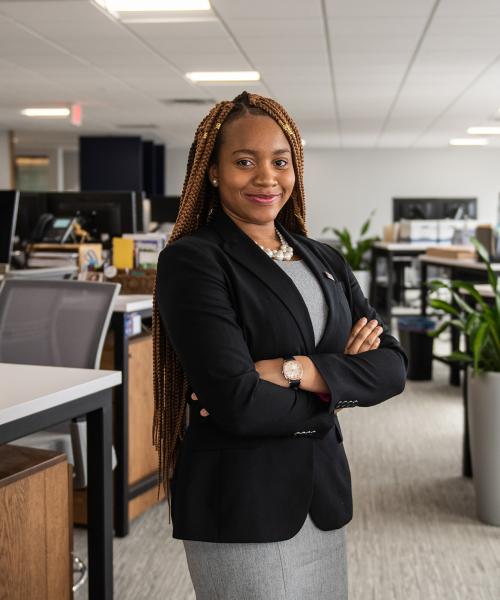 Female student in a downtown office