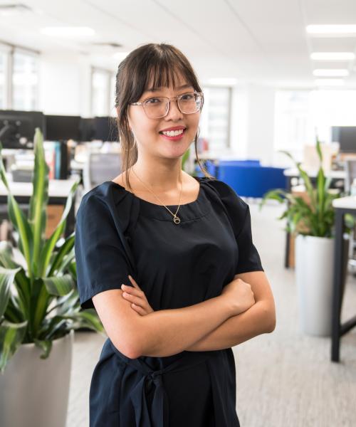 Student working at her internship.