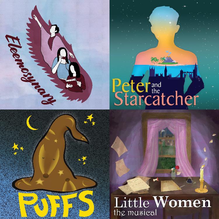 Artwork for upcoming theatre productions: Eleemosynary, Peter and the Starcatcher, Puffs, and Little Women the musical