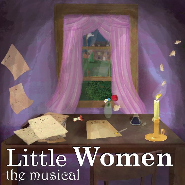 Little Women Theatre Artwork, a writing desk with paper, a candle and flowers on it, in front of an open window