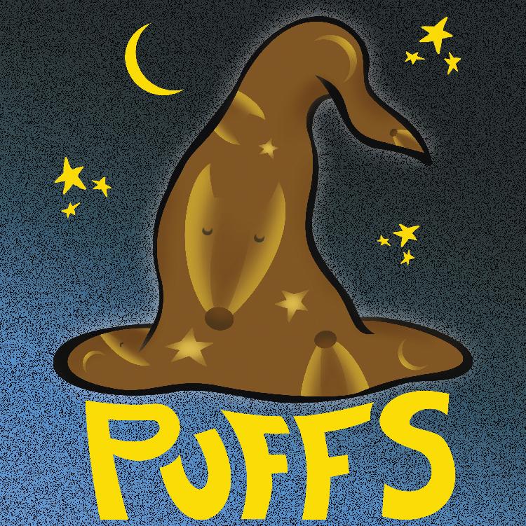 Puffs theatre show artwork, a wizards hat surrounded by stars