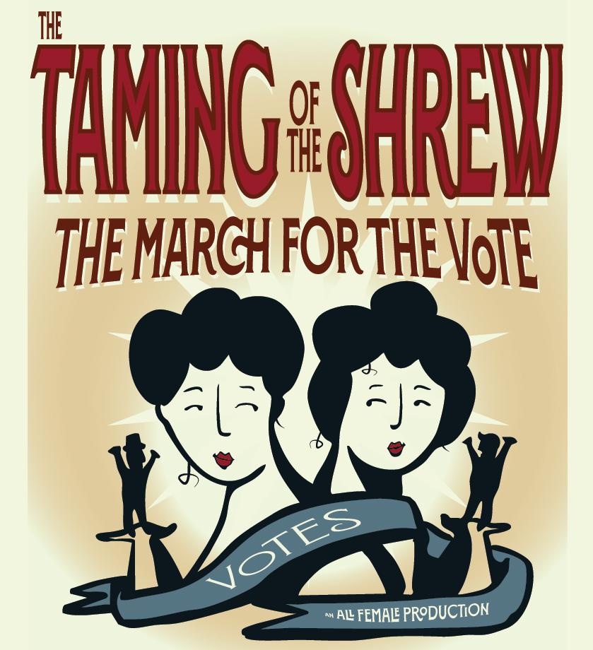 The Taming of the Shrew Artwork, two women looking at each other with silhouettes of men in their hands